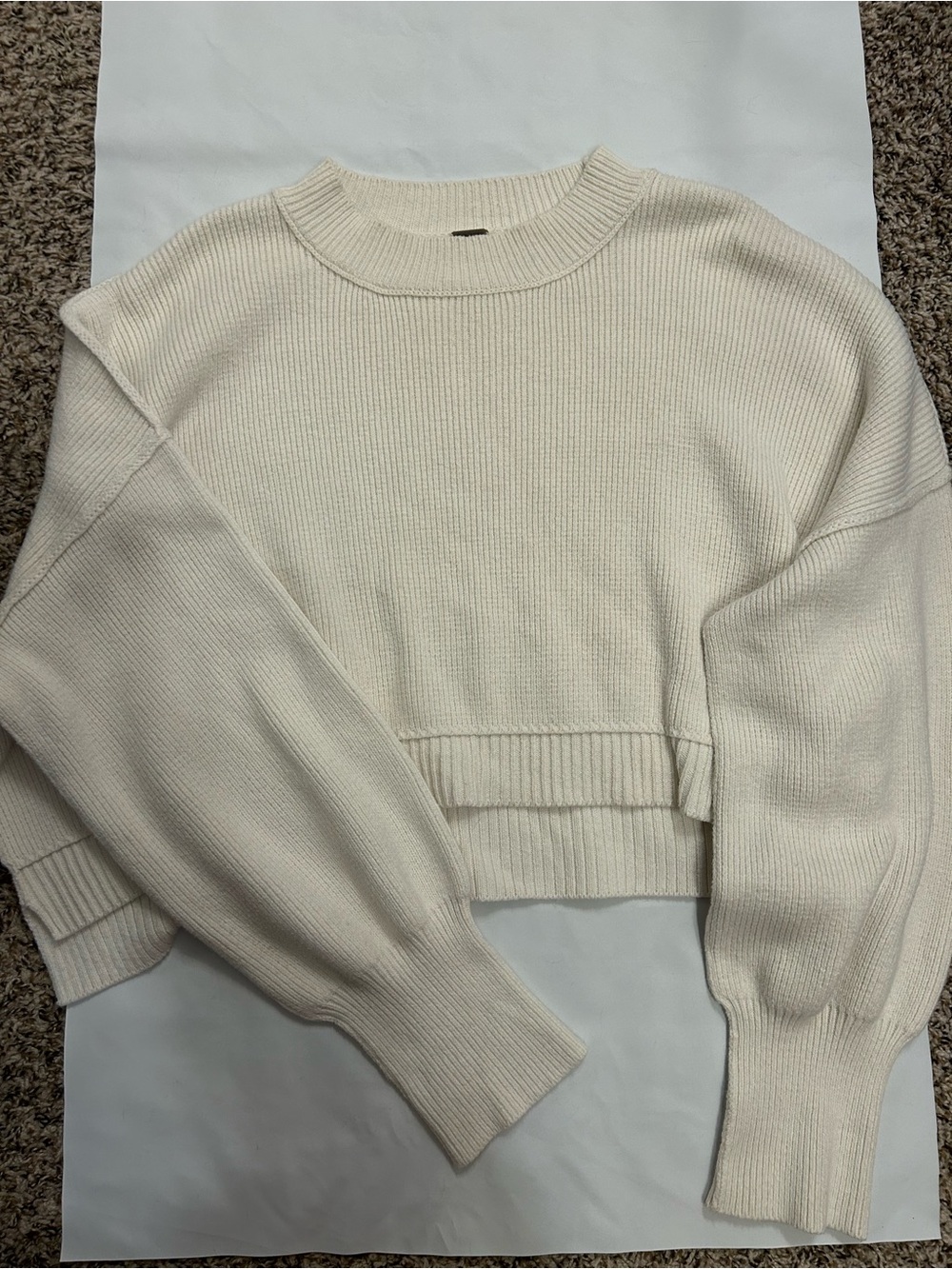 Free People Cream Ribbed Cropped Crew Sweater